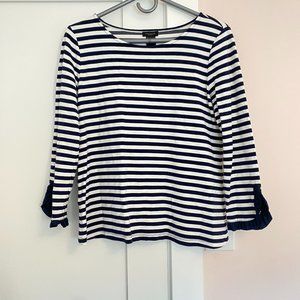 Ann Taylor Crew Neck  White Navy Striped Ruffle on Sleeve Detail Size S